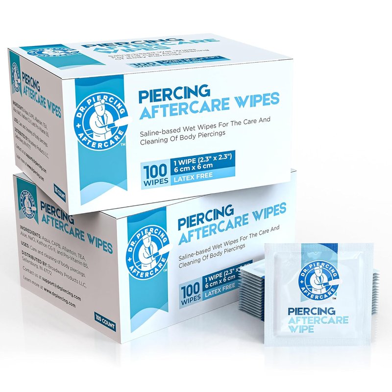 Dr. Piercing Aftercare Wipes - Saline Solution for Keloid Bumps | Ear, Lip, Belly, Nose Piercing Cleaner (200 Count)