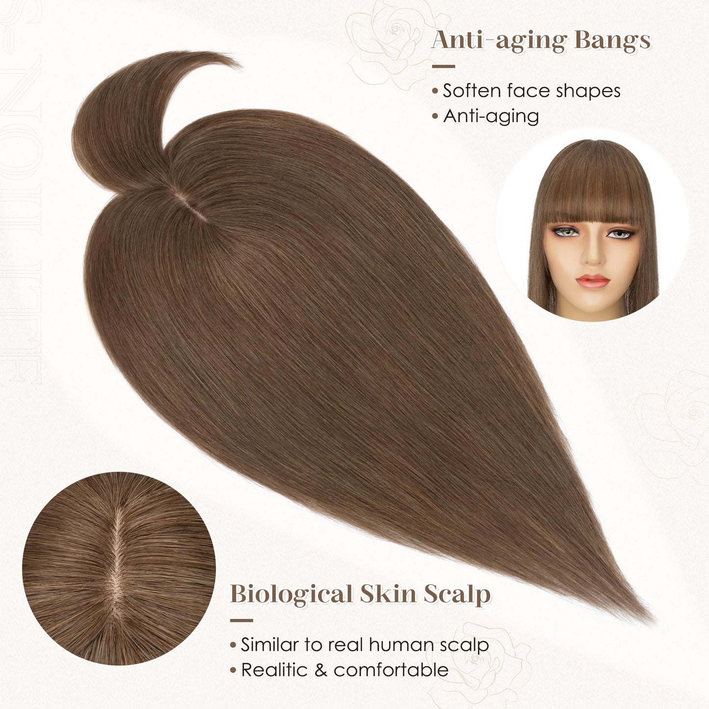 S-noilite Human Hair Toppers for Women with Bangs 100% Real Human Hairpiece 5"x3" Clip in Silk Base Topper Piece Cover Thinning Fine Hair 10 inch Chestnut Brown