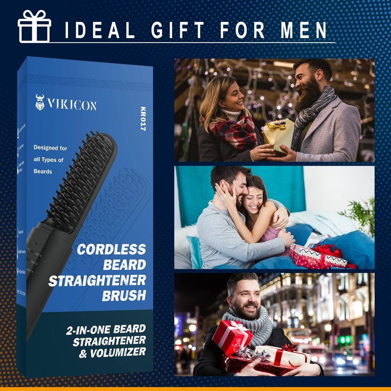 VIKICON Cordless Heated Beard Brush for Men, Electric Hot Comb,Mini Brush for Beard Grooming