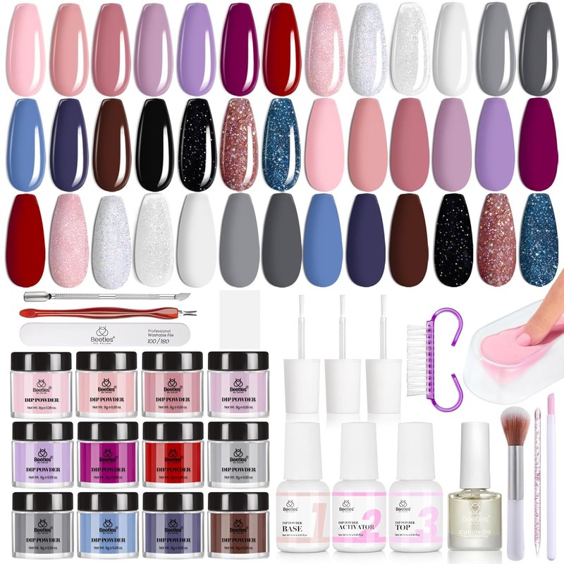 Beetles Dip Powder Nail Kit - 20 Colors Including Nude, Pink & Blue Glitter | Complete Manicure Set with Base, Top Coat & Activator