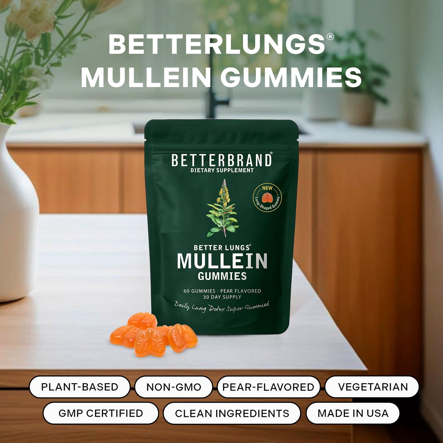 Betterbrand Mullein Chewable Gummies for Lung Cleanse and Detox, Respiratory Health Supplement, 2000mg Mullein Extract per Serving, 50:1 Extract - 30 Day Supply - Pear Flavored