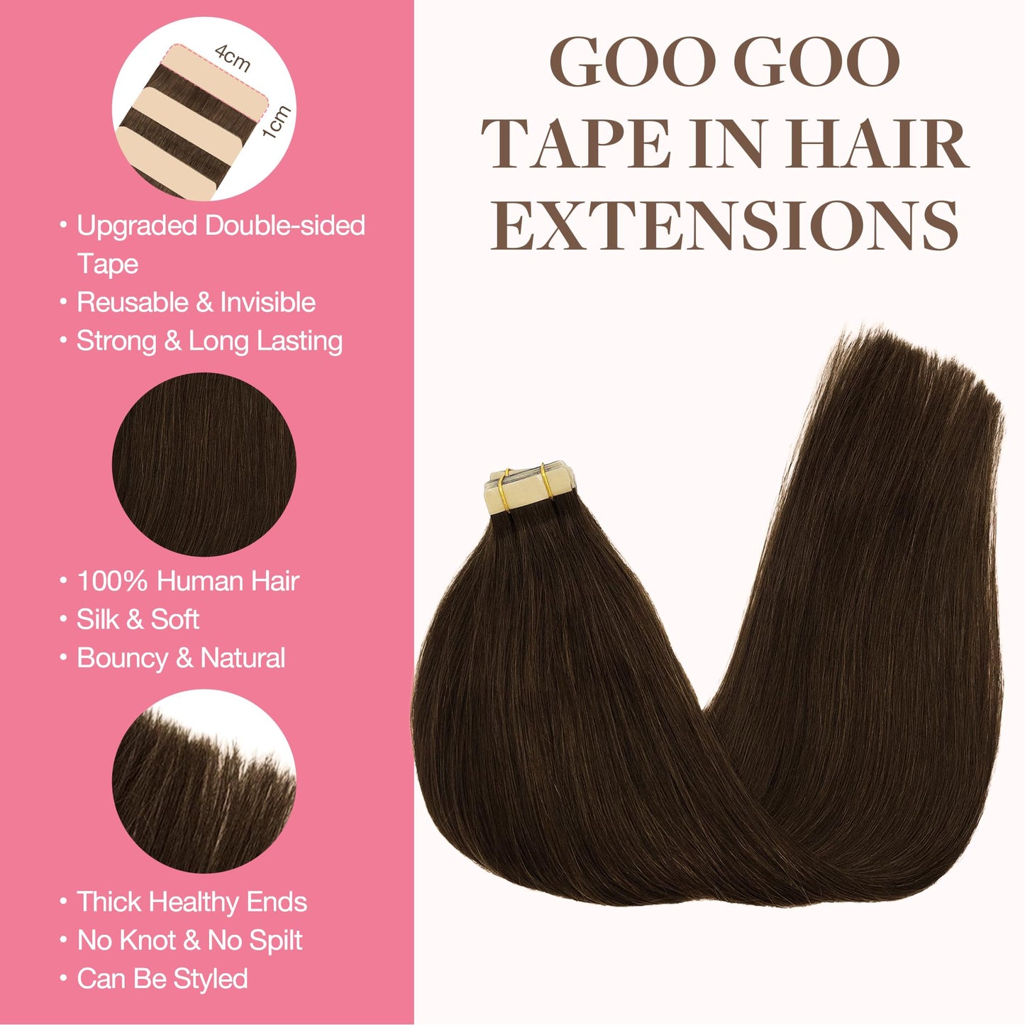 GOO GOO Tape in Hair Extensions Human Hair, 4A Chocolate Brown, 20inch 50g 20pcs, Skin Weft Seamless Invisible, Silky Straight with Thick Ends, Remy Human Hair