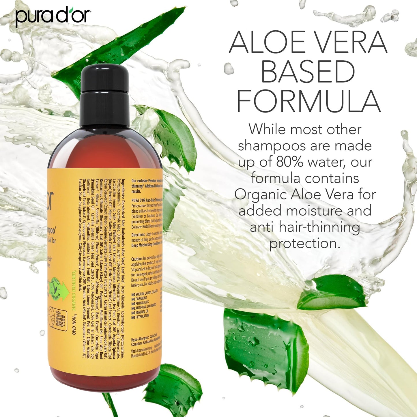 PURA D'OR MD Anti-Hair Thinning Maximum Defense Shampoo - 0.5% Coal Tar, Biotin, Proprietary Herbal Blend For Dry & Itchy Scalp, No Sulfates - For Men & Women, Strong Coal Tar Scent 16 Oz