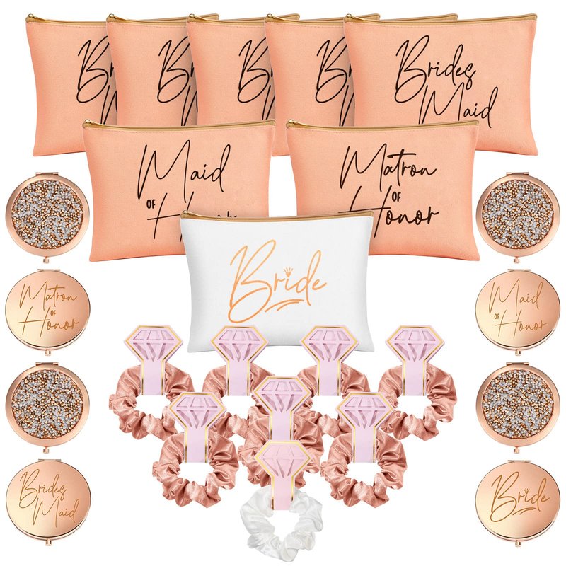 24 Pieces Bridesmaid Proposal Gifts Wedding Makeup Bag Gift Set Includes 8 Bridesmaid Makeup Bags 8 Satin Hair Scrunchies 8 Bridesmaid Compact Mirrors(Green Leaves)