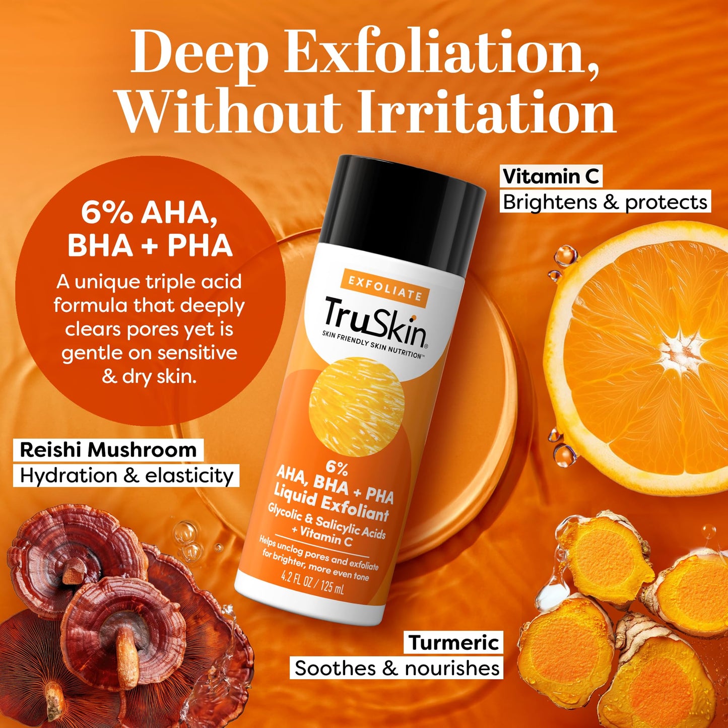 TruSkin BHA Liquid Exfoliant & Toner for Face - Triple Acid AHA BHA PHA Exfoliator with Salicylic, Glycolic Acid & Vitamin C - Improves Look of Tone & Texture, Unclogs Pores, 4.2 fl oz