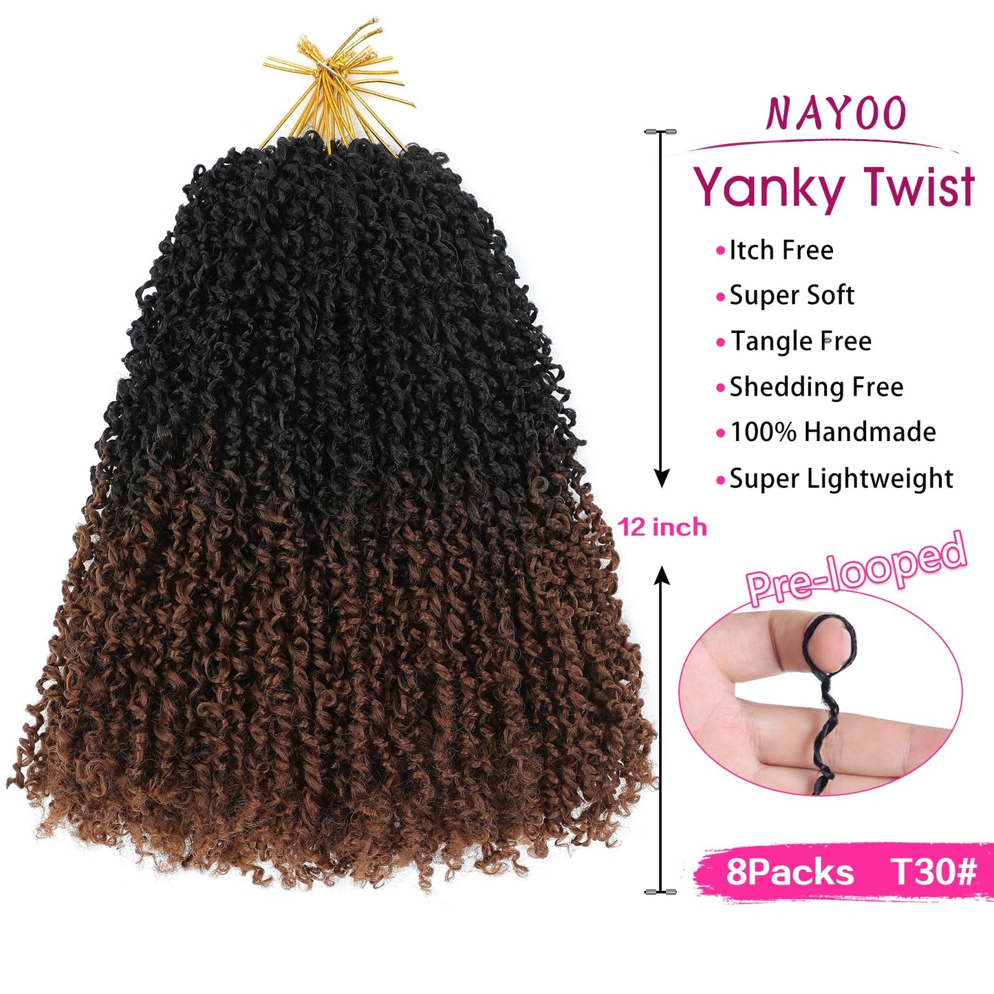 NAYOO 12 Inch Yanky Twist Crochet Hair - 8 Packs (30 Stands/Pack) Mini Passion Twist with Curly Ends Synthetic Ombre Brown Pre-Looped Crochet Braids Braiding Hair (12 Inch, T30)