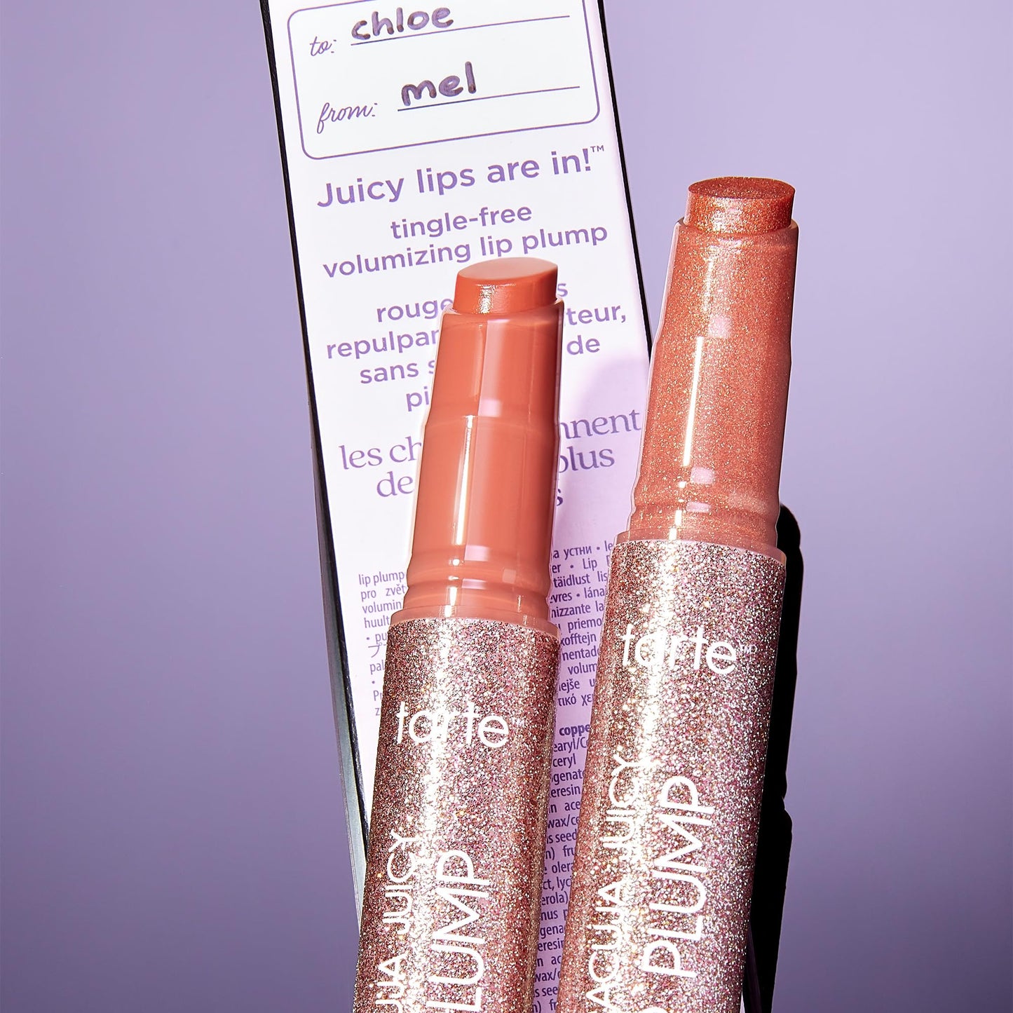 tarte maracuja juicy lip plump bestsellers duo – Hydrating Volumizing Shimmer Lip Plumper Balm, Plumps & Moisturizes, Vegan & Cruelty-Free, full size, dahlia & rosy copper shimmer glass