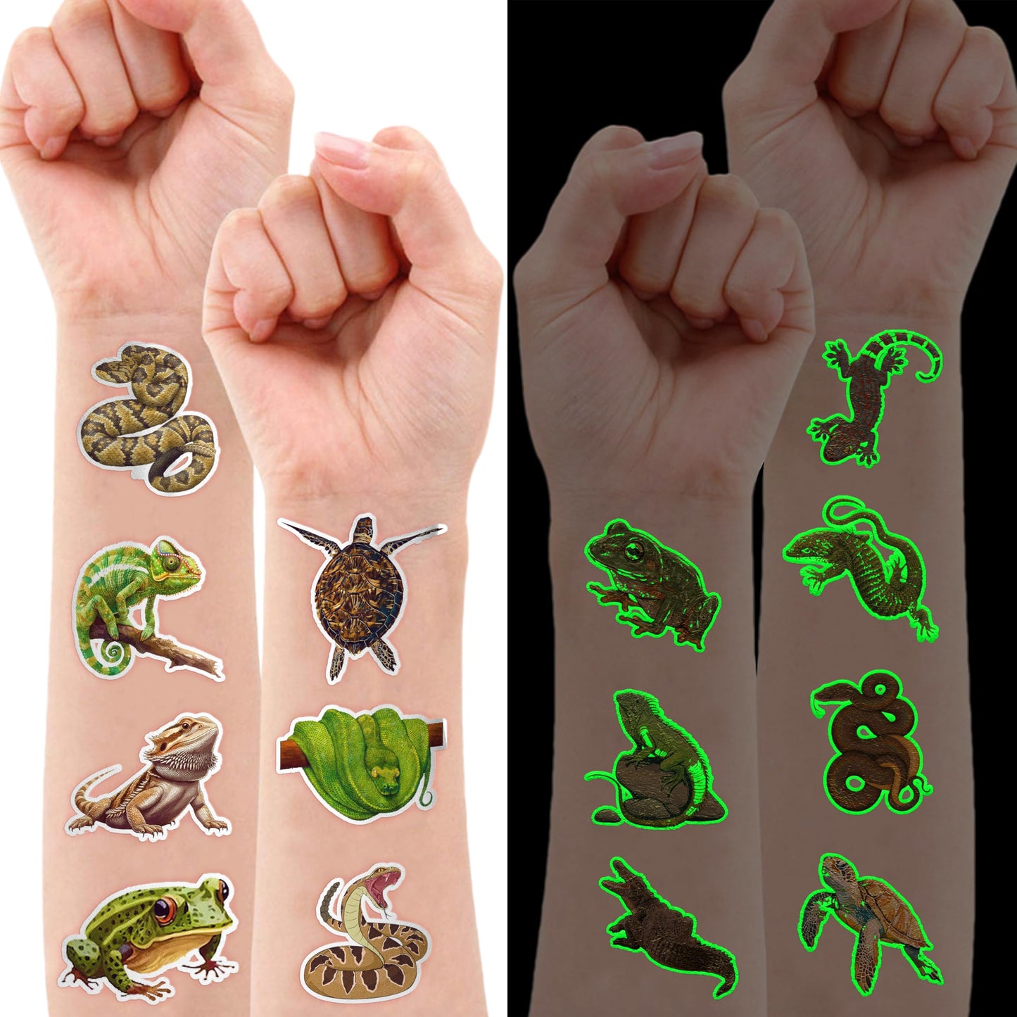 96 PCS Reptile Luminous Temporary Tattoos Glows Pre-Cut Birthday Party Decorations Favors Supplies Lizard Snake Turtle Safari Animals Stickers For Boys Girls Gift School Prizes Rewards (Luminous)