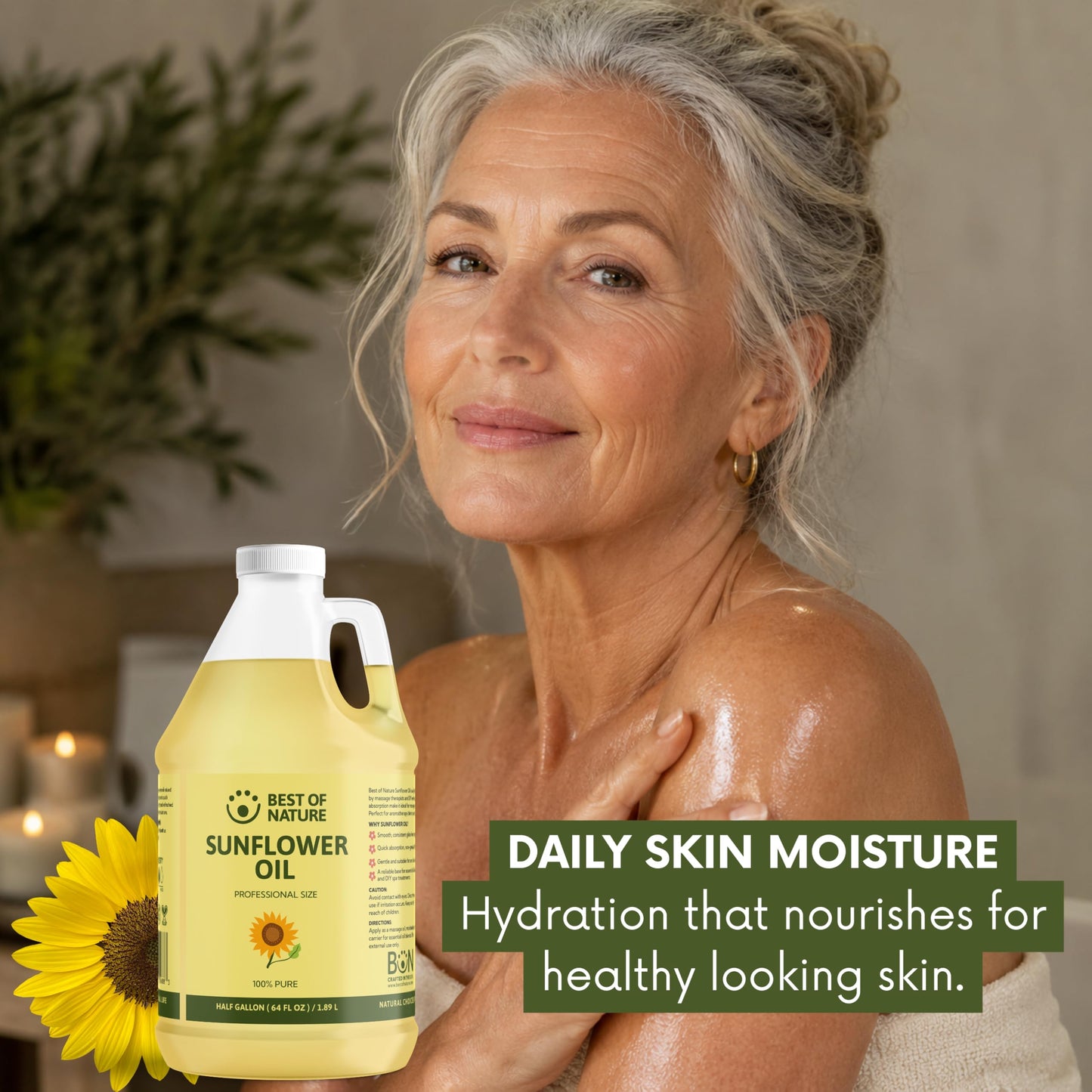 Best of Nature 100% Pure Sunflower Massage Oil, Lightweight Deep Moisturizing Unscented Oil for Skin, Body & Massage, Nourishing Hydration for Hair & Face, Half Gallon (64 fl oz)