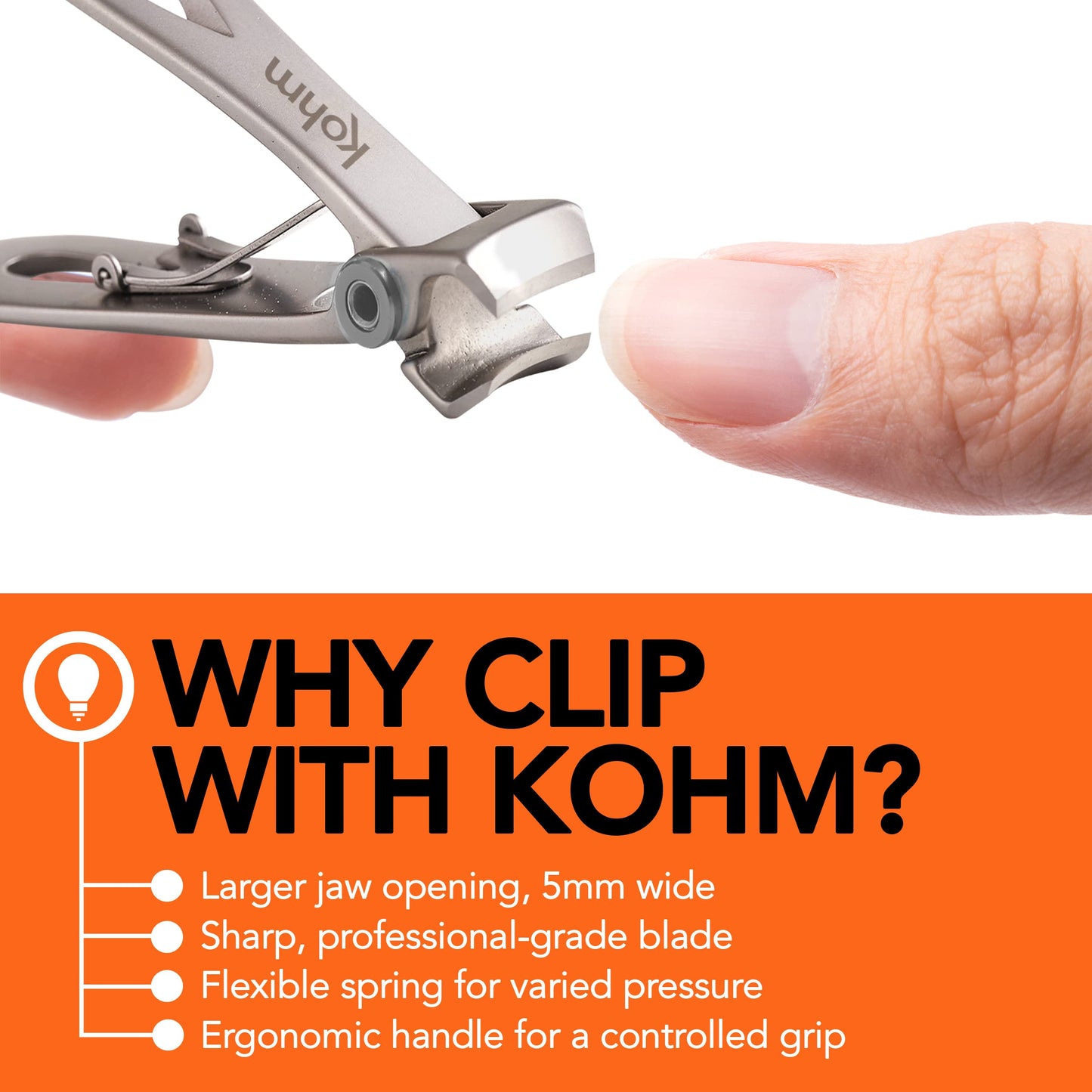 KOHM Nail Clippers & Ingrown Toenail Clippers for Thick Nails - Heavy Duty, Wide Mouth Professional Fingernail and Toenail Clippers for Men, Women & Seniors, Professional Podiatrist Tool