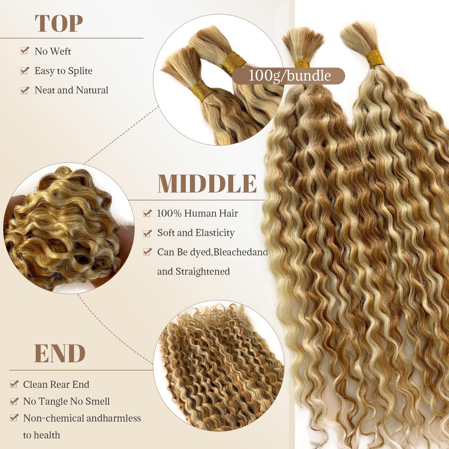 Ombre 27/613 Blonde Human Braiding Hair 18 Inch Water Wave Bulk Human Hair 100g Deep Curly Honey Blonde to Bleached Blonde Highlight Human Hair Extensions for Boho Braids Hair No Weft for Women