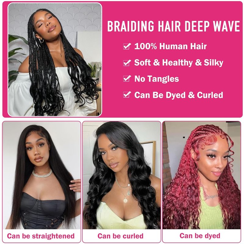Odir 20 Inch Deep Wave Bulk Human Hair - 100% Unprocessed Brazilian Curly Extensions | 2 Bundles, 100g for Boho Braids