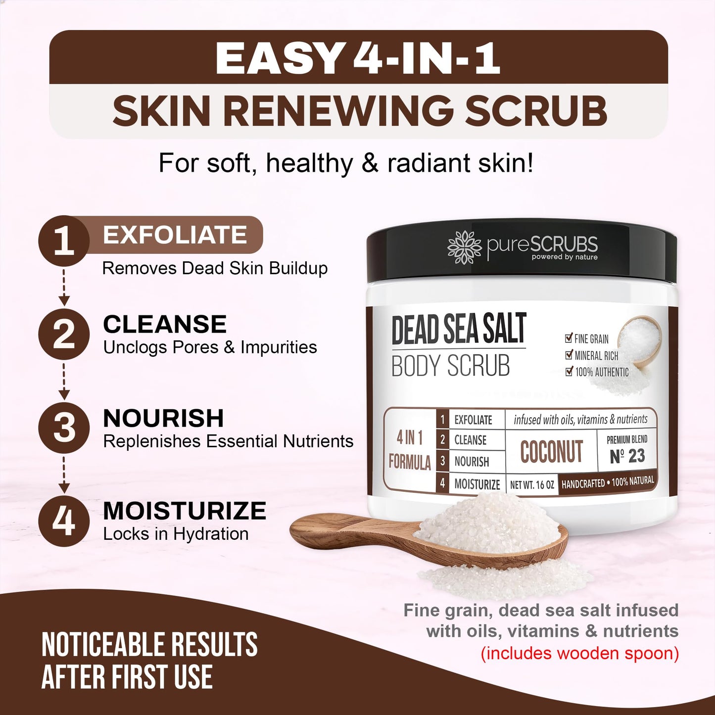 pureSCRUBS Premium Coconut Body Scrub Set - Large 16oz Dead Sea Salt Body Scrub With Infused Essential Oils & Nutrients, Includes Wooden Spoon, Loofah & Oatmeal Exfoliating Bar Soap