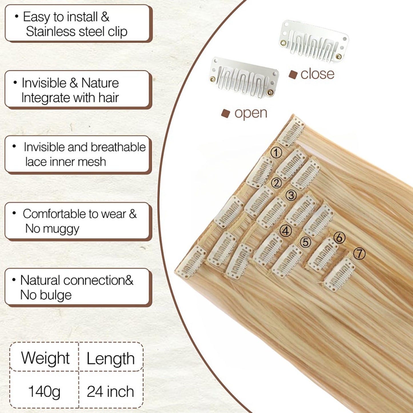 BOSHIZL Seamless Blond Clip in Hair Extensions for Women – 7 Pieces, 140g Premium Wig (US 24 Inch, Ash Blonde)