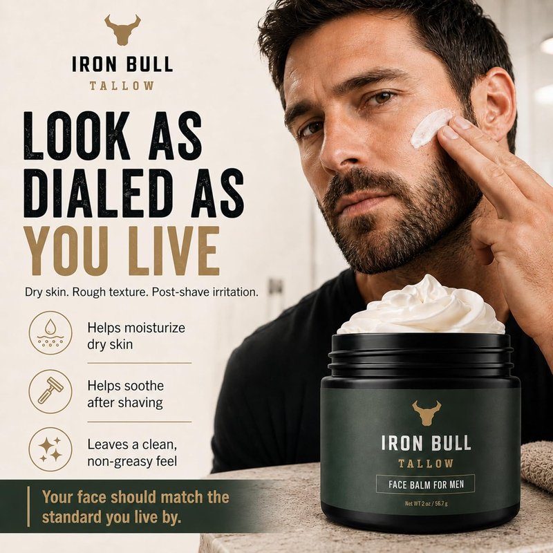 Iron Bull Beef Tallow Face Moisturizer for Men - Anti-Aging Hydration with Hyaluronic Acid | 2oz Natural Skin Balm