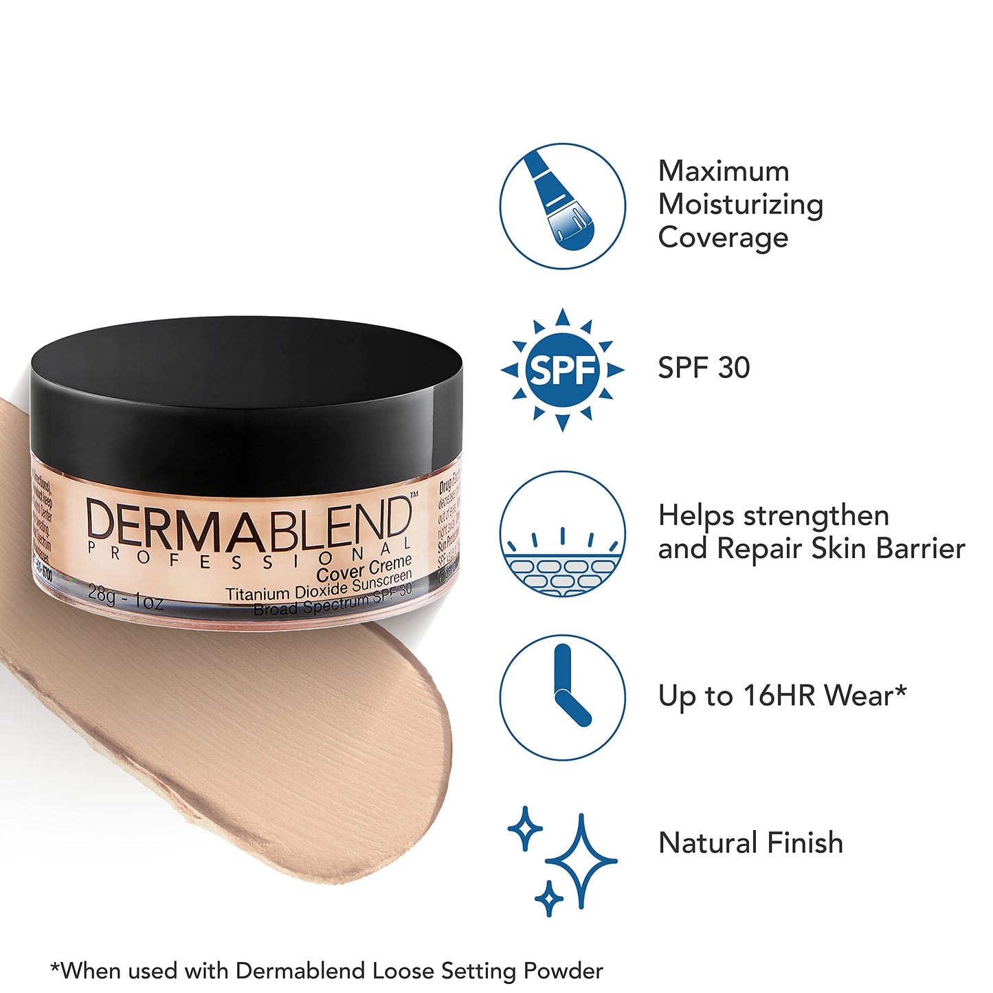 Dermablend Cover Crème Full Coverage Foundation Makeup, Hydrating Cream Concealer for Dark Circles and Blemishes, Maximum Coverage with Mineral Sunscreen SPF 30, 1 OZ