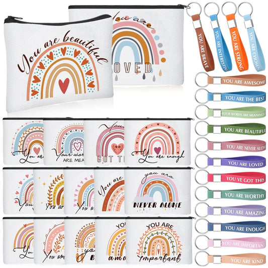 Hillban 32 Pcs Back to School Canvas Cosmetic Makeup Bag Bulk for Women Inspirational Gifts for Teacher Pencil Pouch Travel Toiletry Makeup Bag with Keychain for Mom Appreciation Gift(Rainbow)