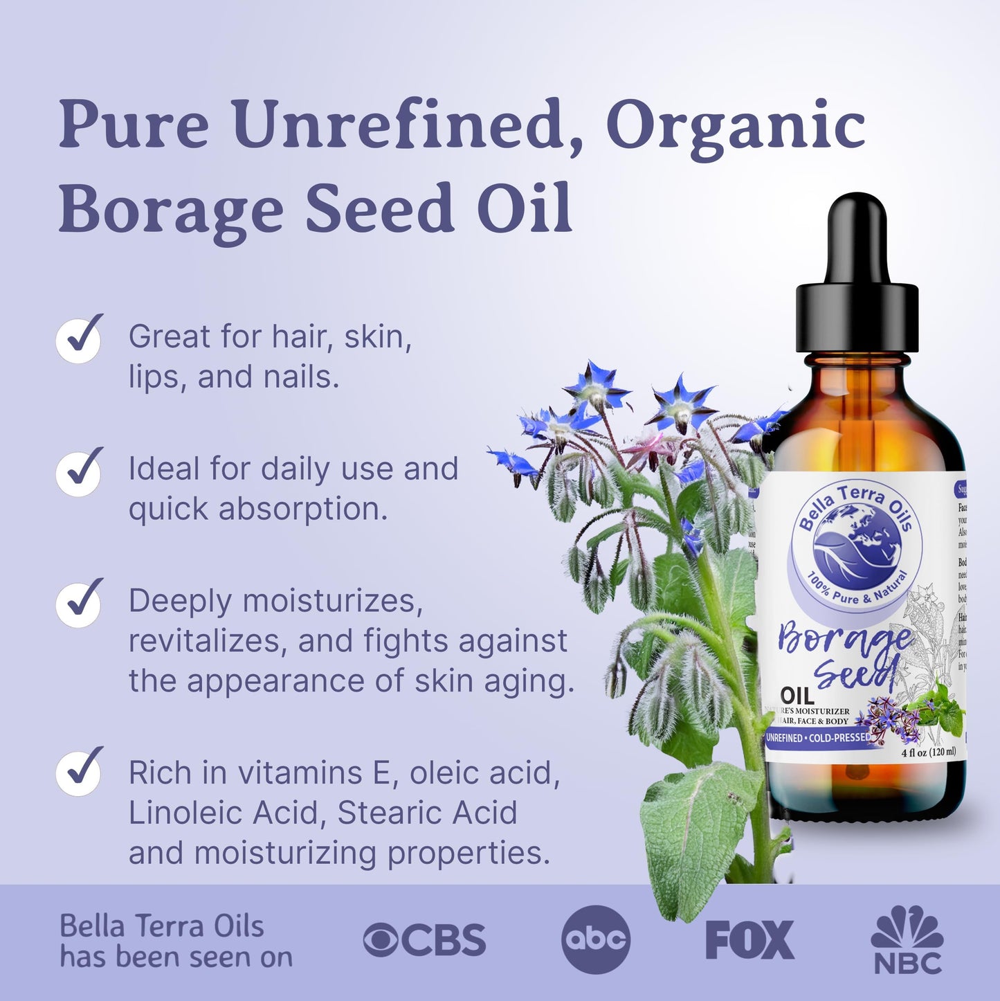 Bella Terra Oils - Natural Borage Seed Oil 8 oz - Cold-Pressed from Natural Borage Seeds, Overflowing with Vitamin E & Omega Fatty Acids, An Elixir of Youth & Beauty