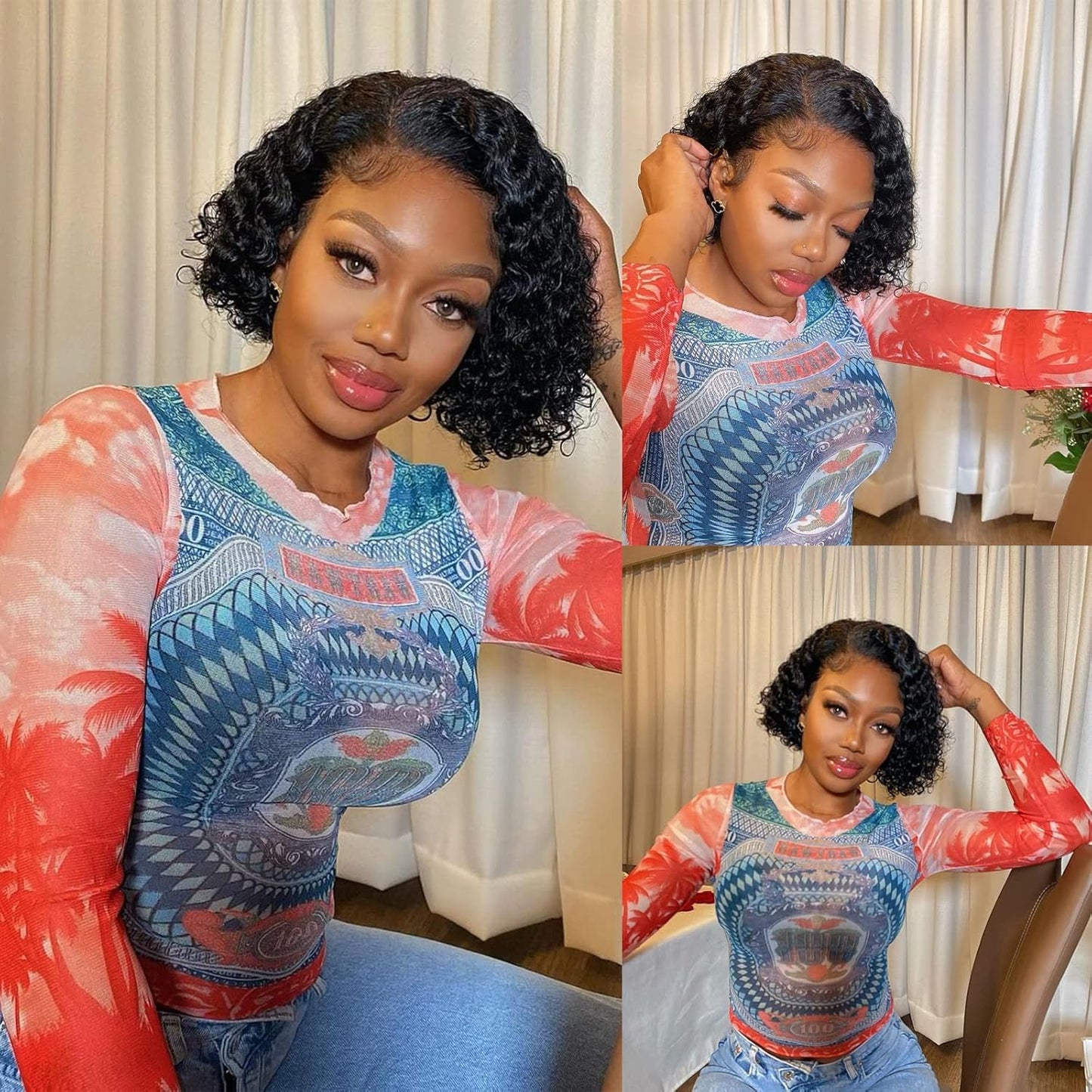 BLOCKICE Pixie Cut Wig Human Hair Stylish Curly Short Bob Wig Deep Wave 13x4 Lace Front Glueless Curly Human Hair Wigs for Black Women Natural Look Full Volume Lace Frontal 8 Inch