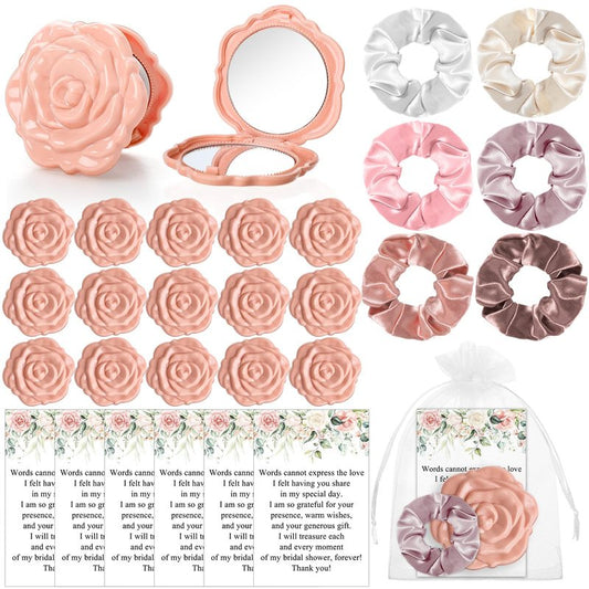 XunYee 30 Sets Rose Compact Mirror Bulk Bridal Shower Favors for Guests Mother's Day Souvenir Gifts Hair Ties Elastic Scrunchies, Thank You Card and Organza Bags for Wedding Quinceanera(Pink)