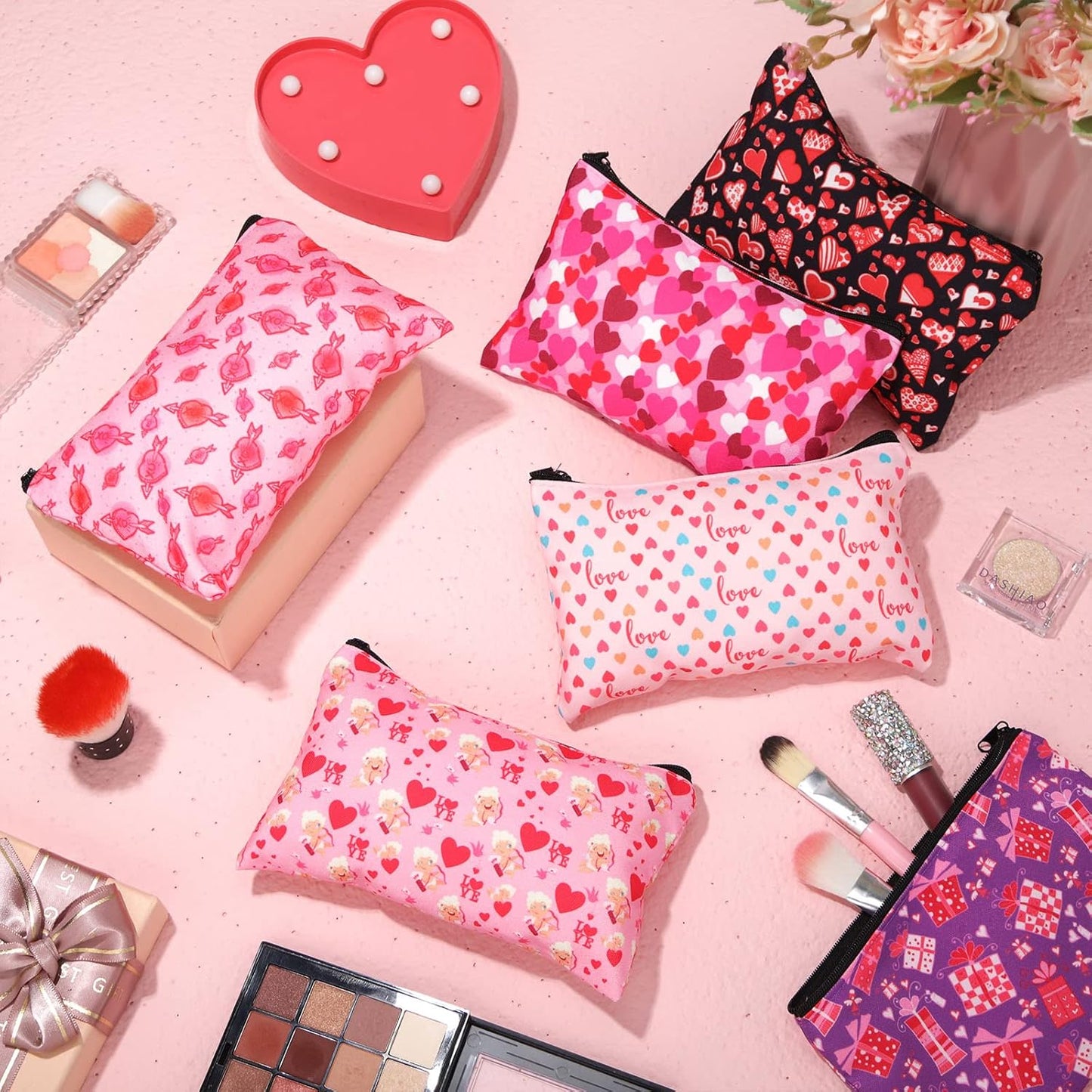 Reginary 14 Pcs Valentine Makeup Bag Set - Heart Cosmetic Bags for Women | Pink & Red Travel Pouches with Zipper