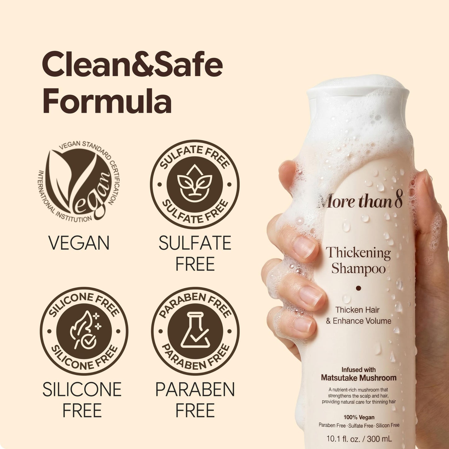Morethan8 Korean Hair Thickening Shampoo with Matsutake mushroom, for Hair Loss and Hair growth – 300ml 100% Vegan, Paraben&Sulfate&Silicon Free - more than 8