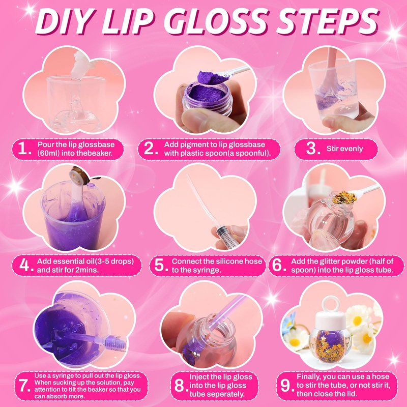 WhizToys 74PCS DIY Lip Gloss Making Kit, Make Your Own Lip Glosses Set Moisturizing Lip Glaze Handmade Glittery Set for Makeup Lover Beginner Teen Girl Gifts, 200ml Lipgloss Base