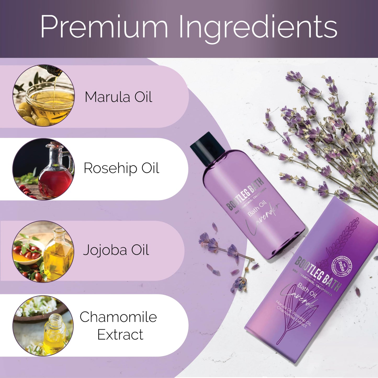 BOOTLEG BATH - Lavender Bath Oil with Marula, Rosehip, and Jojoba Oils, Chamomile Extract, and 100% Pure Natural Essential Oil, Great Stocking Stuffer or Gift, 4oz, for Men and Women, Made in USA