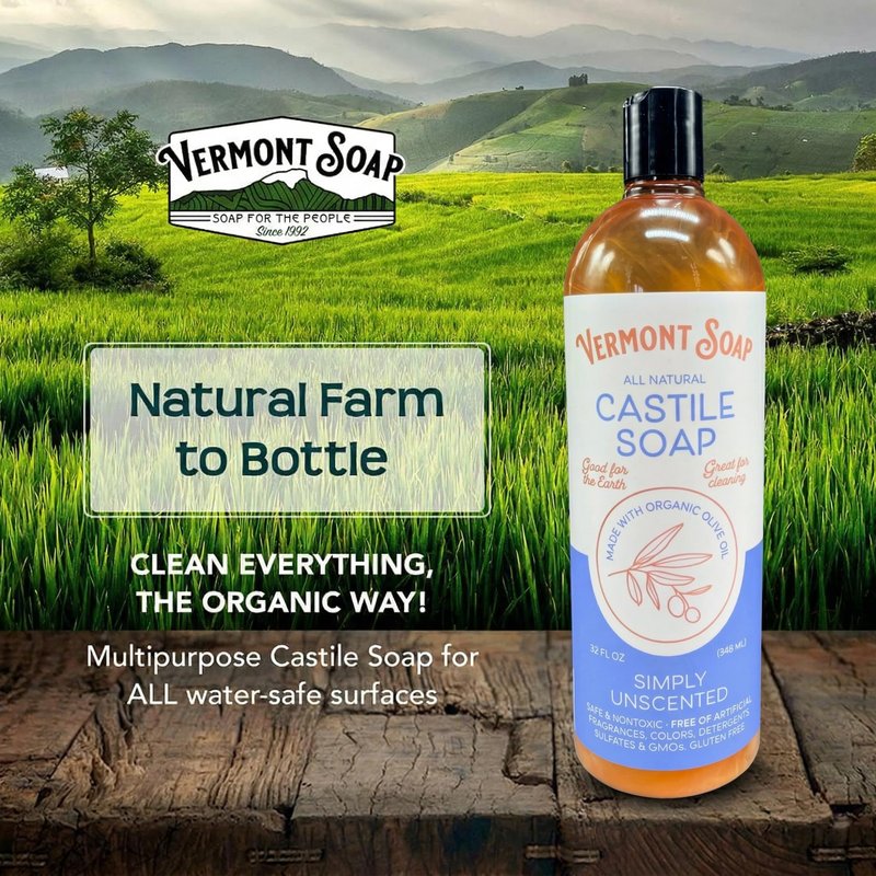 Vermont Castile Unscented Gentle Liquid Soap for Sensitive Skin, Natural Body Wash, Organic Hair Shampoo for Oily Hair, Aloe for Men & Women - 33.8 Oz