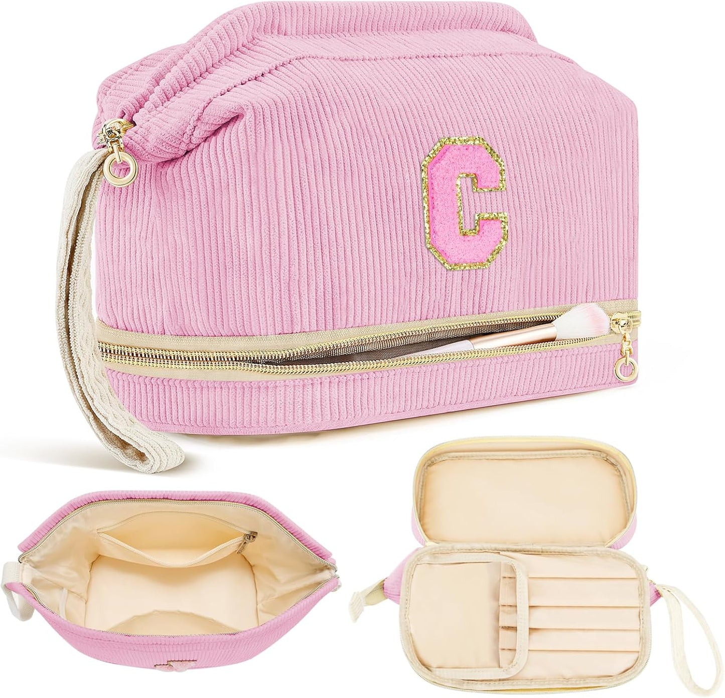 Personalized Initial Makeup Bag - Unique Birthday Gift for Girls & Women | Travel Cosmetic Bag - Pink C