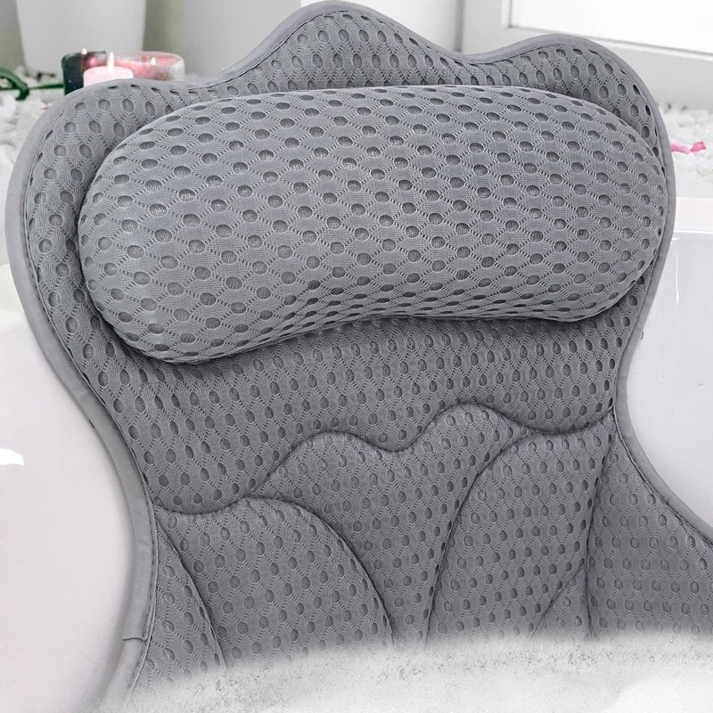 Bath Pillows for Tub - Extra Thick 4D Mesh Fabric with 6 Non-Slip Suction Cups | Grey Neck and Back Support