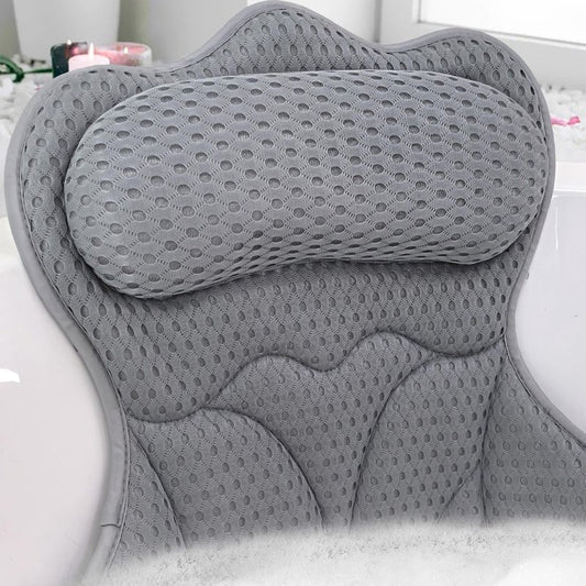 Bath Pillows for Tub - Extra Thick 4D Mesh Fabric with 6 Non-Slip Suction Cups | Grey Neck and Back Support