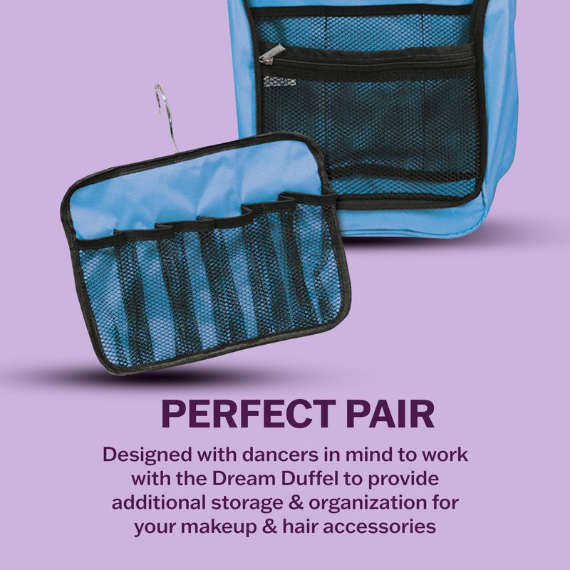 Dream Duffel Hanging Cosmetic Case for Women & Kids, Travel Toiletry Bag with Pockets & Mirror, Holds Dance Competition Essentials, 9”x10”, Purple