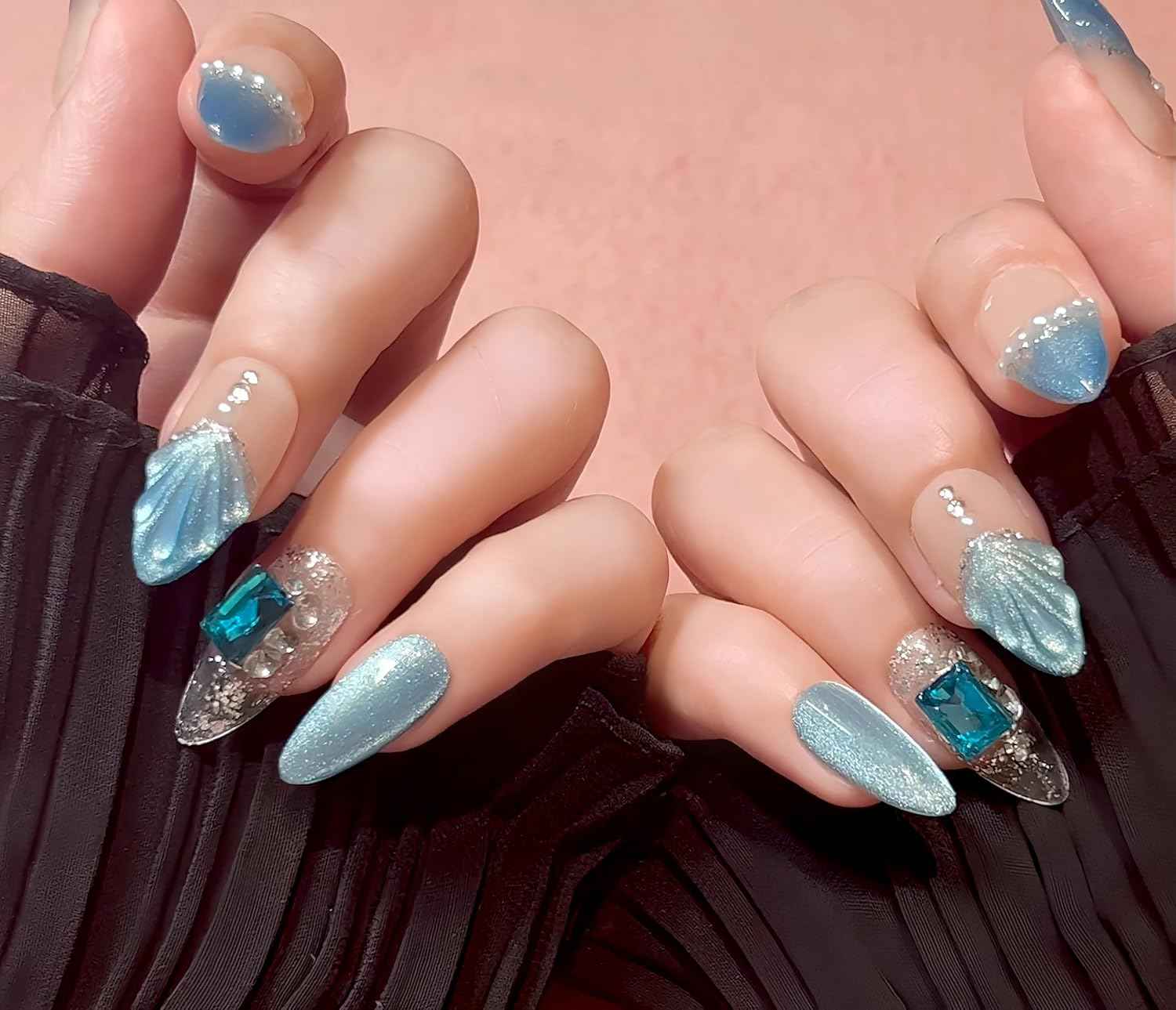 3D Sea Shell Press-On Nails - Handmade Medium Almond Beach Nail Art with Butterflies (L Size)