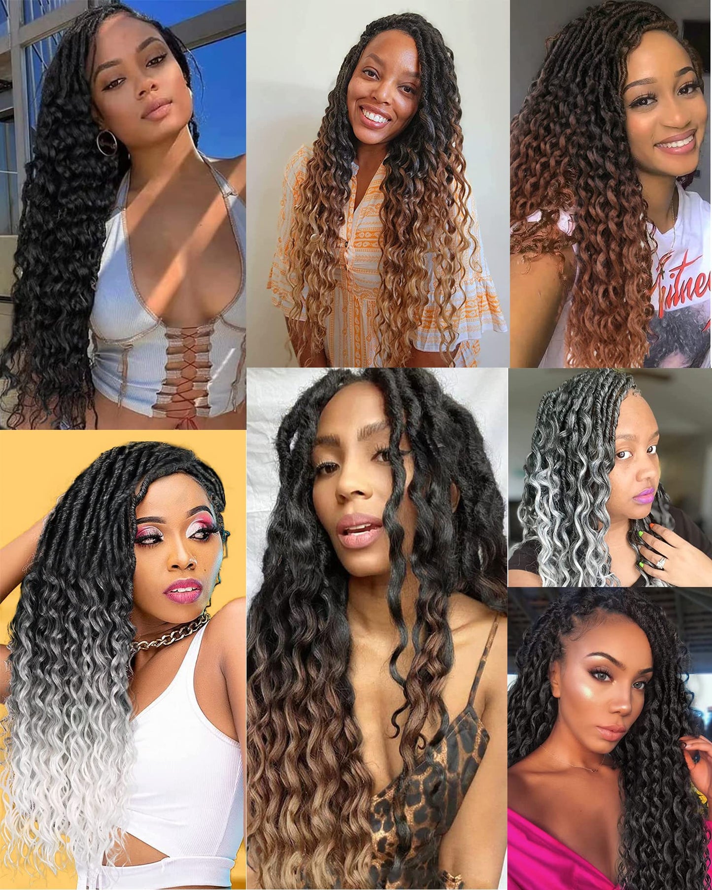 Faux Locs Crochet Hair for Black Women- 24 Inches 8 Packs Pre Looped Ombre Grey to White Synthetic Hair Extensions, Soft Goddess Locs Braids with Long Deep Wave Curly Ends(112 Strands,Tgrey/613)