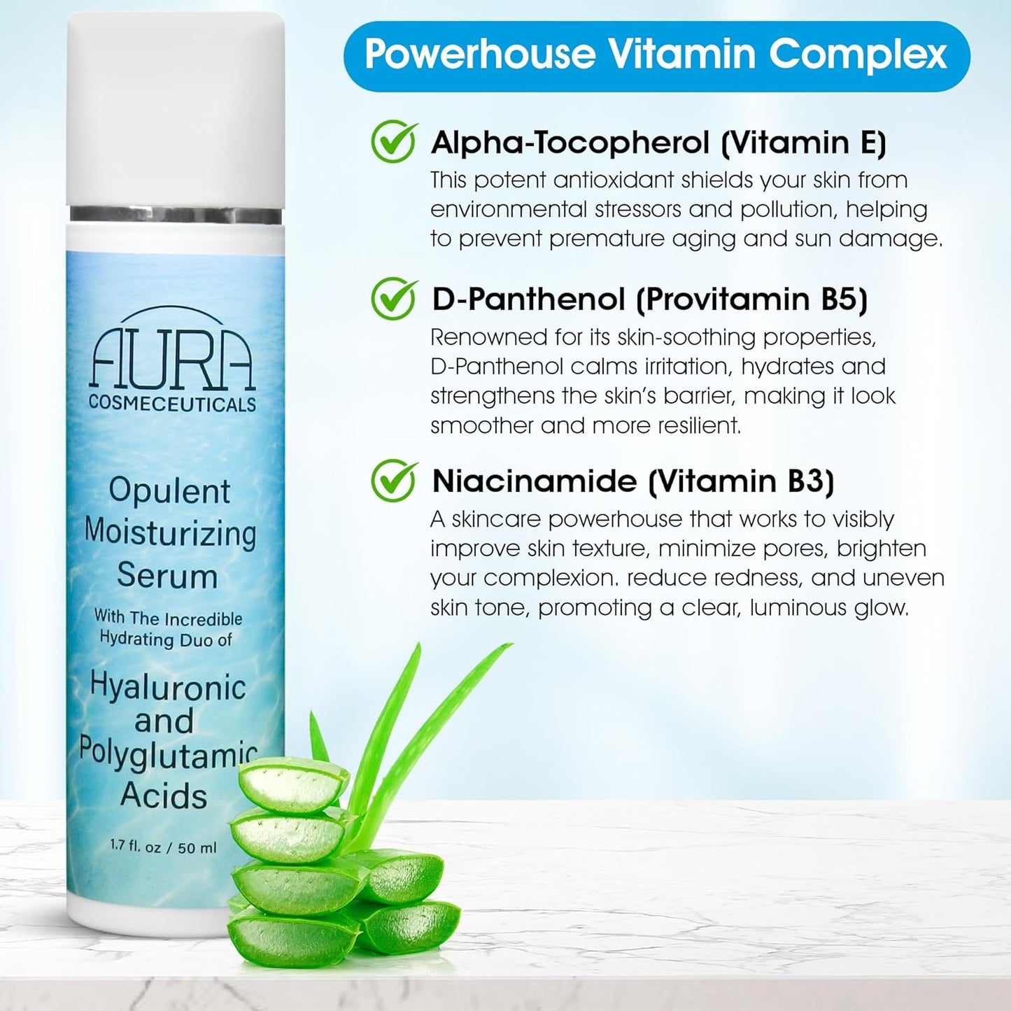 Hydrating Duo Moisturizing Serum - Hyaluronic Acid & Polyglutamic Acid with 15% Aloe Vera Juice | Anti-Aging Formula