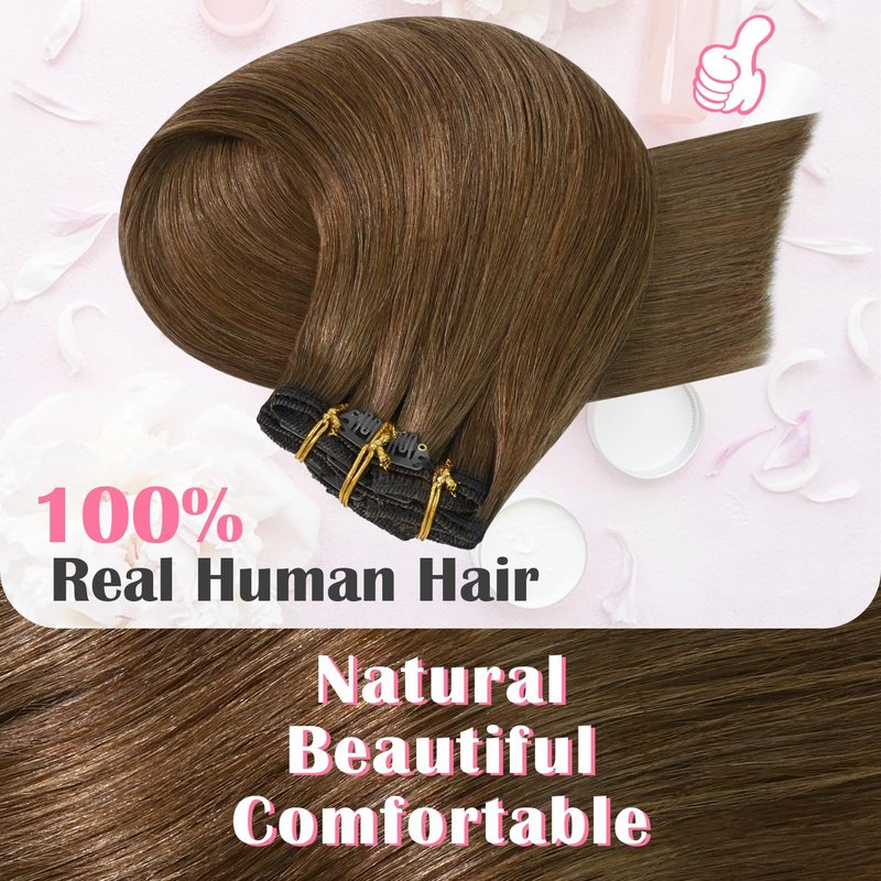Aison Light Brown Hair Extensions Clip in Real Human Hair 75G 100% Remy Human Hair Clip in Extensions for Women 7pcs 16clips18 Inch