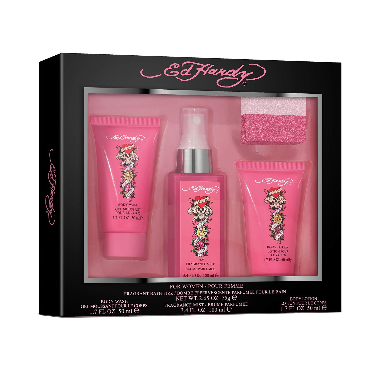 Ed Hardy Women's Perfume Fragrance Set, Body Lotion & Wash, Fragrance Mist and Bath Fizz, 4 Piece Bath Set