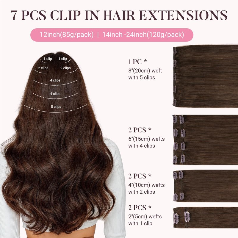 MAXITA Clip in Hair Extensions Real Human Hair,Remy Hair Extensions Clip ins Double Weft for Women,Natural Real Human Hair,16Inch 120g 7Pcs,Chocolate Brown
