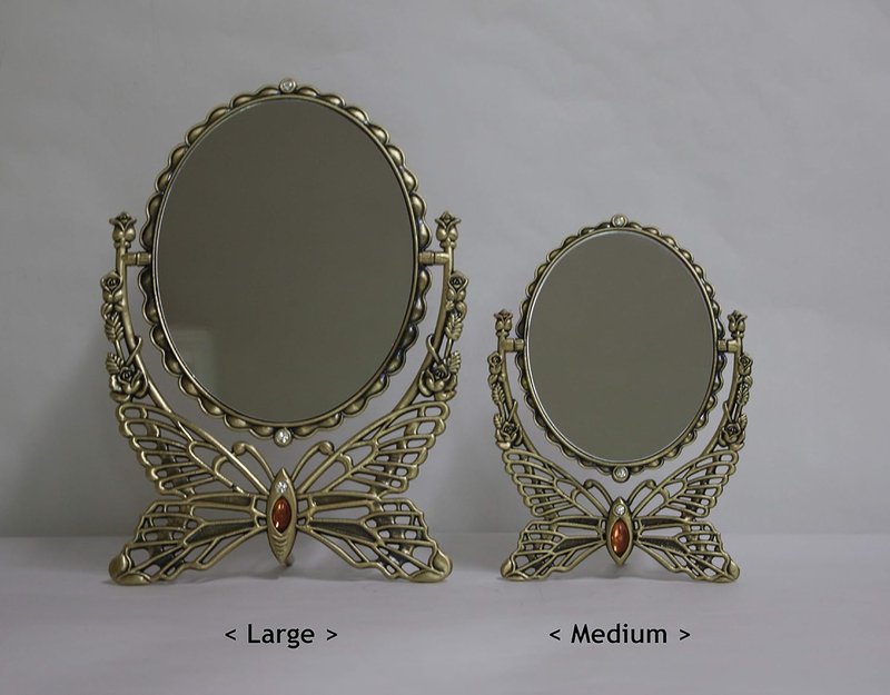 Vintage Antique Butterfly Patterned Makeup Table Mirror - Double-Sided Rotatable Oval Design | Large Brass Finish
