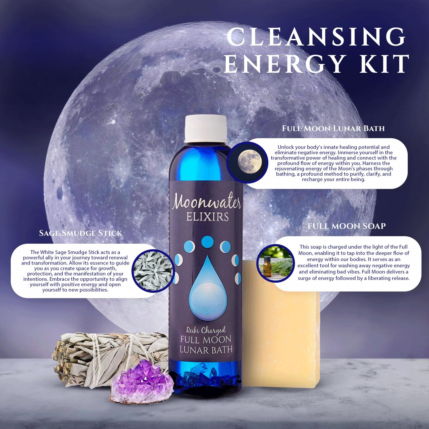 Full Moon Spiritual Bath Kit with Bath Oil, Sage Smudge Stick & Smudge Soap - Cleanse, Clarify & Recharge Your Energy, Aura Cleansing, Chakra Healing, Relaxation Rituals for Manifestation & Meditation