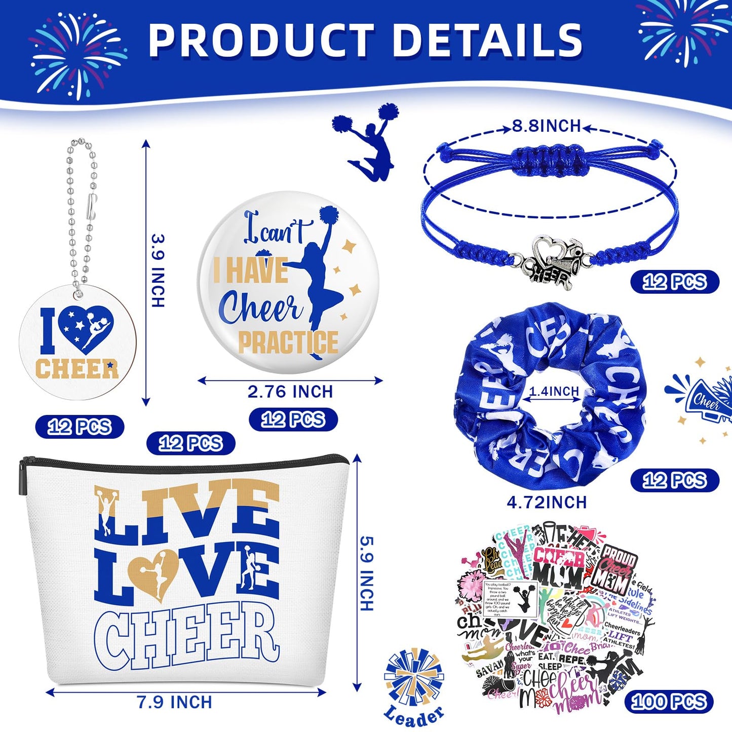 Lyrow 160 Pcs Cheerleader Gifts Bulk for Team Back to School Gift Cheer Scrunchies Hair Ties Makeup Bag Cheer Mirror Bracelet Keychain Sticker for Cheerleader Gift(Blue)