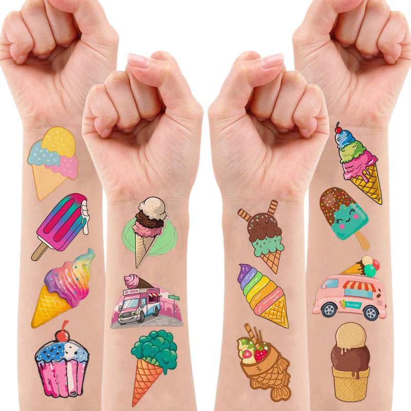 Ice Cream Temporary Tattoos for Kids - 10 Sheets (100 PCS) Sweet Treat Theme Fake Tattoos, Waterproof Stickers for Birthday Party Favors, Carnival Prizes, Goodie Bag Stuffers for Boys & Girls