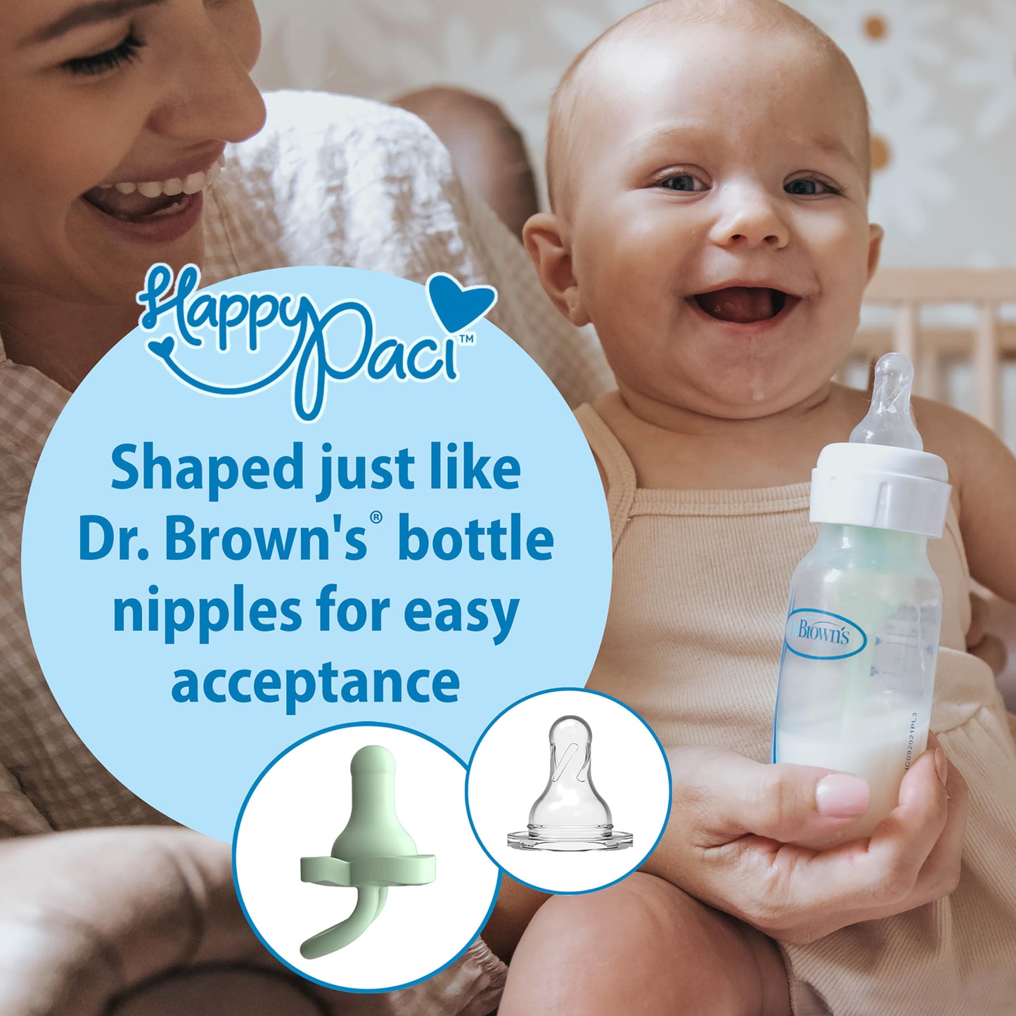 Dr. Brown's HappyPaci 100% Silicone Baby Pacifier, Contoured One-Piece Design, Gray/Green/Ecru, 0-6m, BPA-Free, 3-Pack