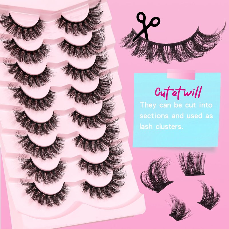 Fyonas Cat Eye Lashes Wispy False Eyelashes Fluffy Faux Mink Lashes 8 Pairs D Curl Fake Lashes Multi-layered Strip Lashes 8-18mm Lash Kit with Lash Glue and Tweezers (Hottie)