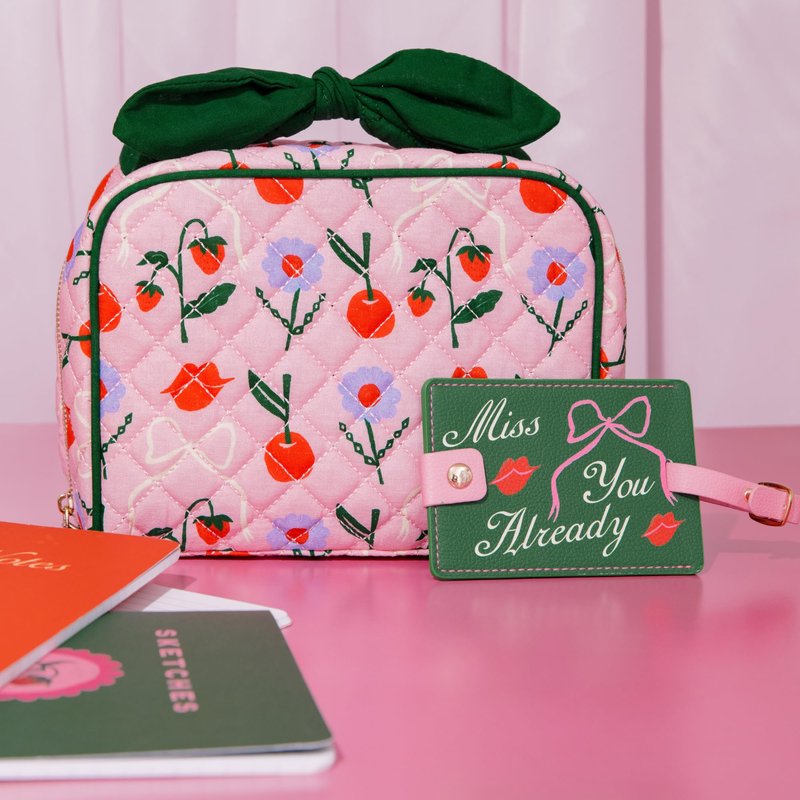 ban.do Getaway Quilted Toiletry Bag with Bow Handle, Cherry Lips