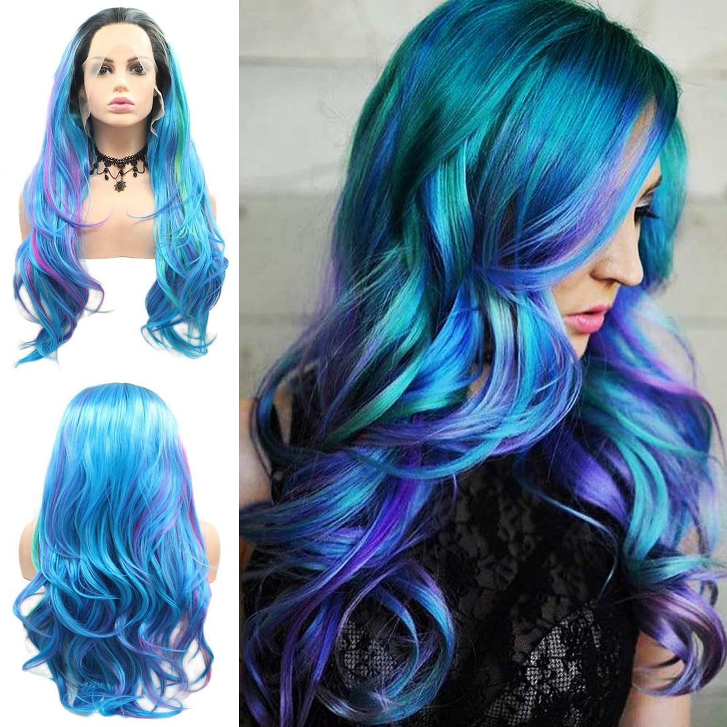 AFBeauty Lace Front Wig Highlight Blue Purple Colorful Wavy Ombre Wigs for Women Lace Frontal Pink Green Wig Synthetic Heat Resistant Natural Loose Wave Glueless Lace Wigs 24 Inch Daily Party Cosplay