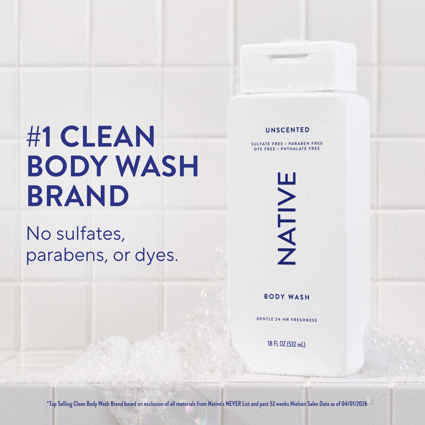 Native Body Wash Contains Naturally Derived Ingredients | For Women & Men, Sulfate, Paraben, & Dye Free Leaving Skin Soft and Hydrated |Unscented 18 oz