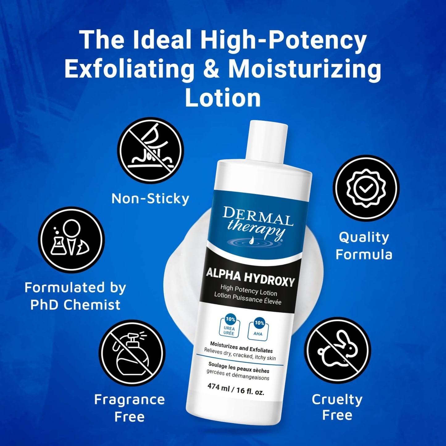 Dermal Therapy Alpha Hydroxy Lotion – 10% Urea + 10% Lactic Acid, Fragrance-Free Body Lotion for Dry, Cracked Skin, Non-Greasy Exfoliating Moisturizer & Keratosis Pilaris Treatment, 16 fl oz (474 ml)