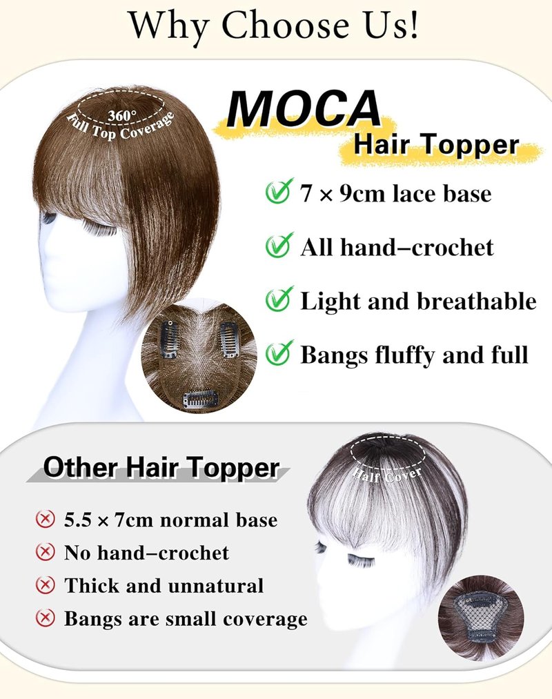 Real Human Hair Toppers for Women - 360° Clip-On Bangs for Daily Wear | 10 Inch Brown